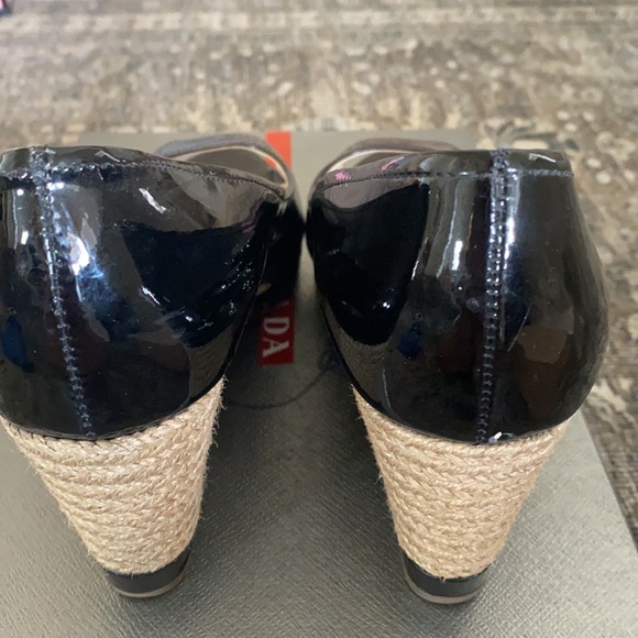 Prada Black Patent Leather Peep Toe Wedge Sandal - Picture 3 of 6